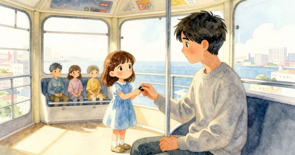 烏拉在摩天輪客艙中握著舊木旋鈕,上方陽光柔和,與格瑞及其他乘客互動,洋溢興奮氣氛