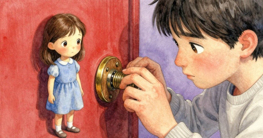 烏拉的手在畸變視角下扭轉木旋鈕,內部銅線圈細節顯現,場面充滿神秘與奇異魅力