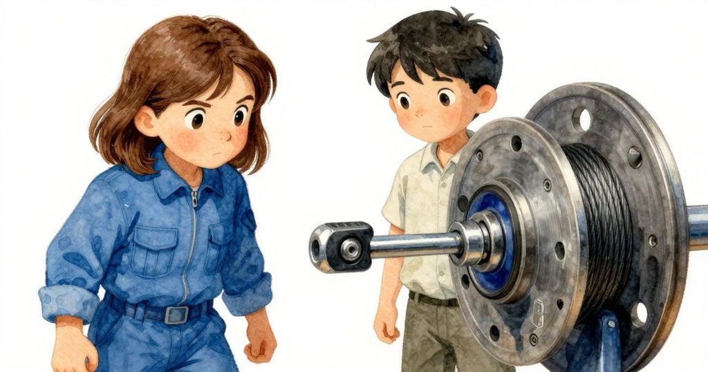 特寫呈現轉動中的電纜捲軸與剎車桿, 展現金屬質感與細緻點擊聲, 氛圍專注