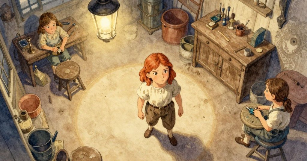 Nessa走進古老工坊,從上方視角看見溫暖燈光灑在工作台上,充滿期待與好奇。