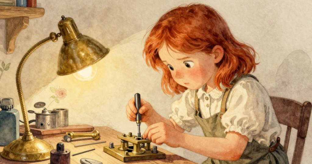 Nessa專注檢查機械音樂盒,特寫雙手輕觸鋼梳,溫暖燈光下充滿細膩情感。