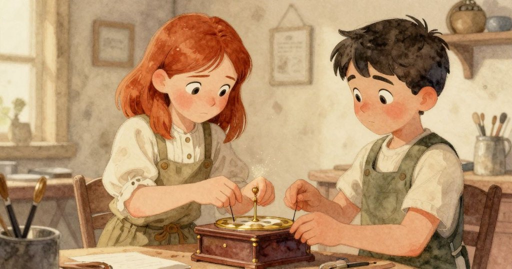 Nessa在工坊明亮區域用工具調整音樂盒銷,黃銅粉末在燈光中閃爍,Nestor專注觀看,場面充滿古樸魅力。