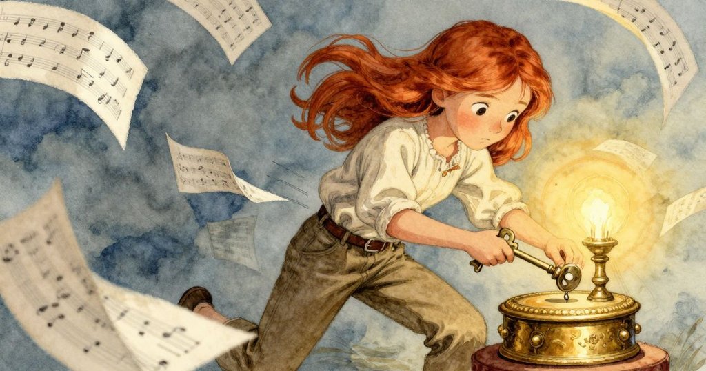 Nessa動作靈活地上弦音樂盒,臉上滿是成就感,音符彷彿在空中舞動,傳遞和諧樂章。