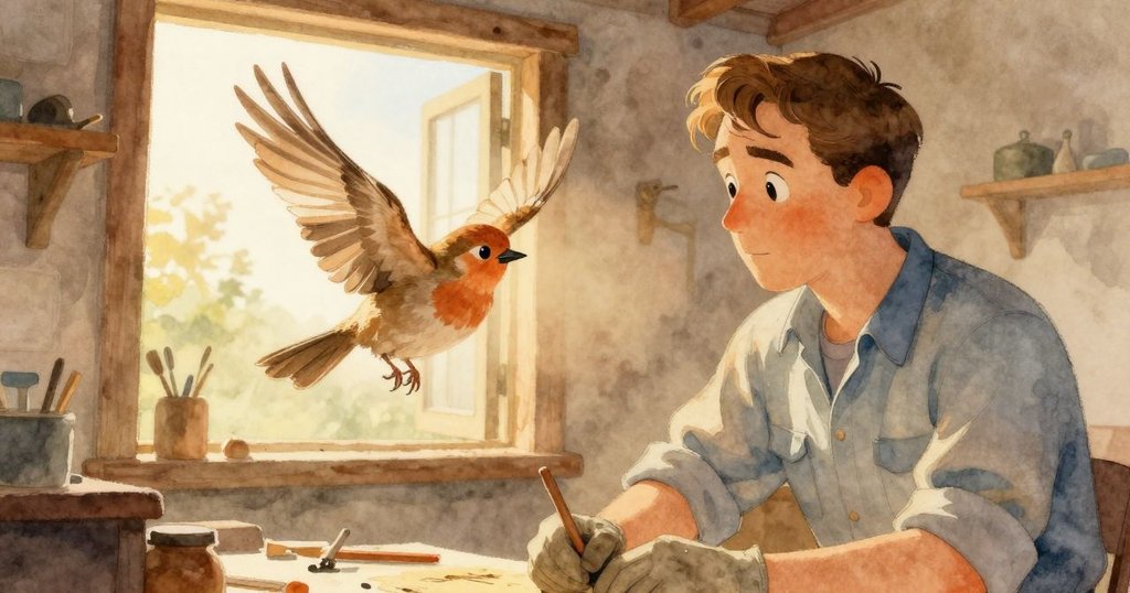 哈里斯在木作工房門口工作，窗外陽光燦爛，小鳥飛舞，呈現開放與溫暖的自然氛圍