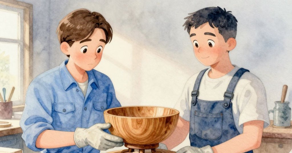 哈里斯在轉台上細膩上漆，碗上細紋閃爍，亞特拉斯靜靜觀察，展現傳統工房溫馨細節