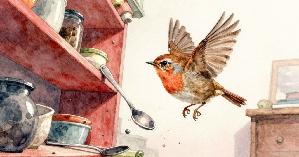 小鳥在工房架間迅捷掠過，打落小湯匙，利用變形視角呈現活潑意外的動態瞬間