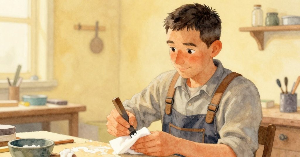 亞特拉斯專注混合棉墊與磨石粉，工作台上柔光流轉，營造夢幻且沉靜的工房氛圍