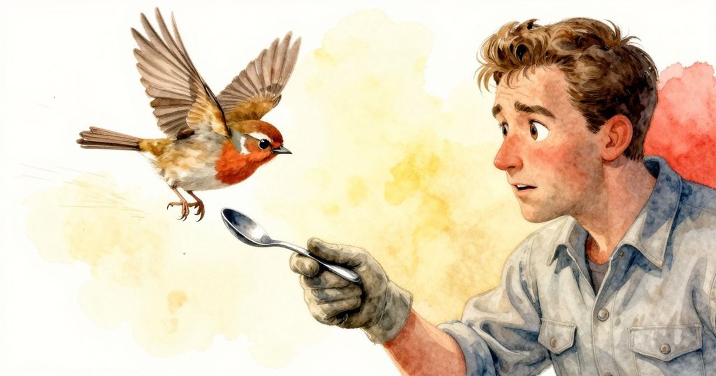 哈里斯迅速奔向墜下的湯匙，小鳥急速飛逃，動作間展現出工房內突如其來的緊張瞬間