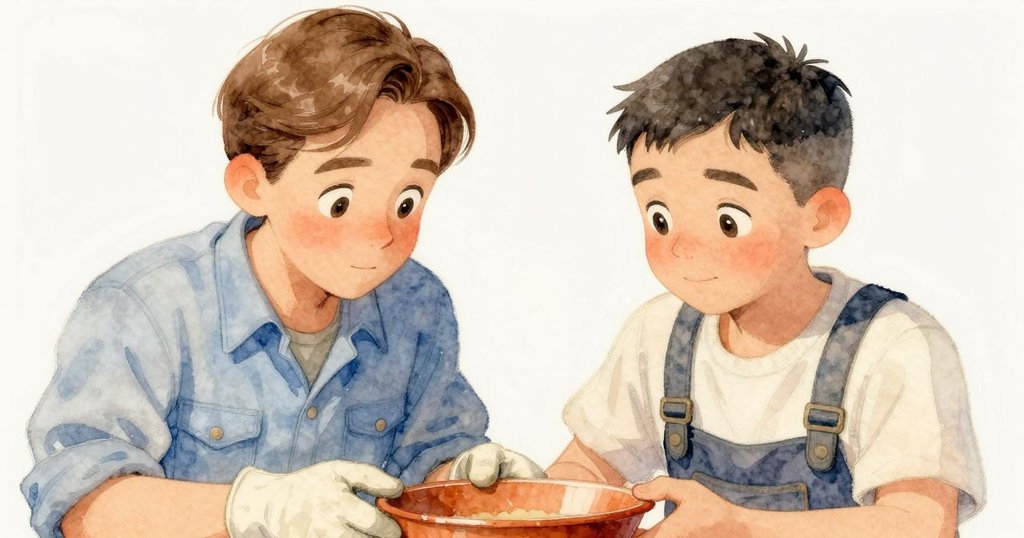 哈里斯與亞特拉斯肩並肩站立於轉台旁，亞特拉斯輕敲碗緣，兩人露出滿足微笑，工房恢復寧靜律動