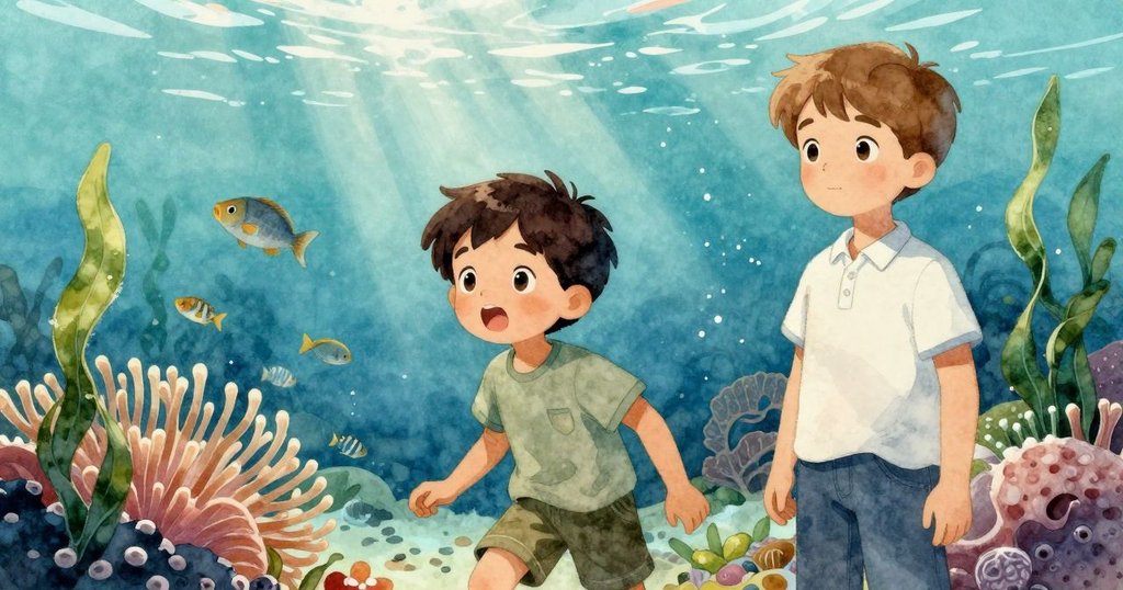 水下世界中，一條沙色小魚在飄動的海葵間穿梭，光線斑駁營造奇幻扭曲視角，充滿生動動感