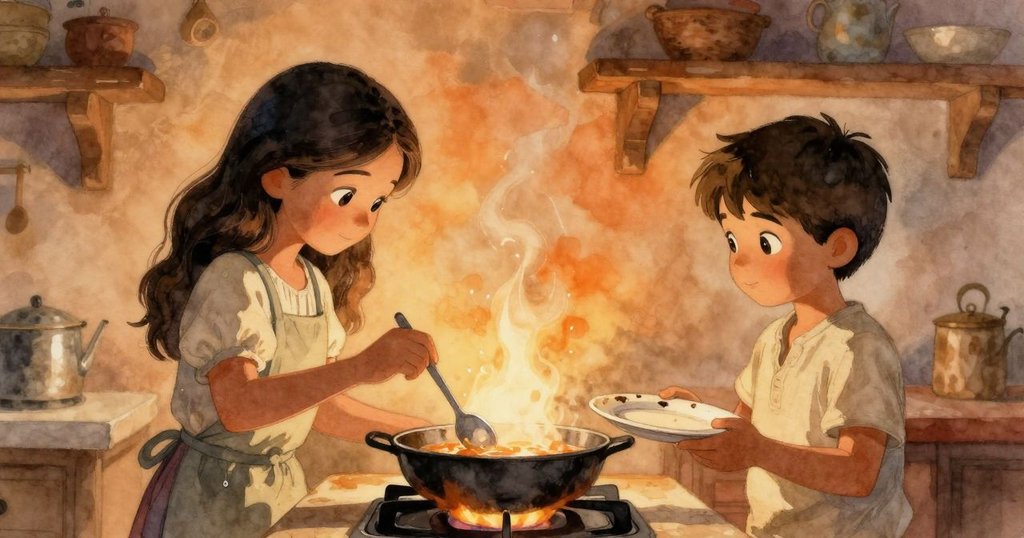 雅思敏在傳統廚房裡用湯匙輕輕攪拌滾燙的湯，克魯茲小心平衡盤子，場景充滿戲劇性光影，表情專注。