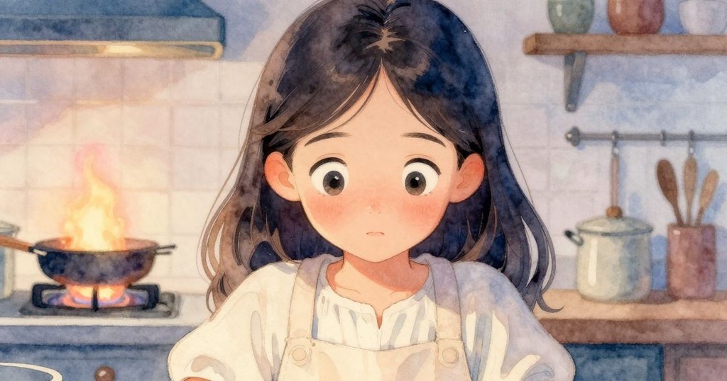 雅思敏的特寫鏡頭，她專注的眼神透露著好奇與堅定，背景中隱約可見廚房與湯鍋。