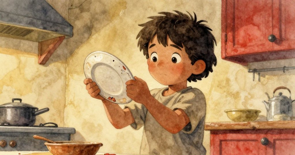 克魯茲從低角度呈現，謹慎地舉起破損的盤子，看著滾燙的湯，燈光溫暖且充滿期待。