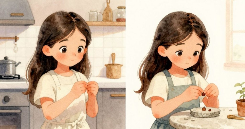 雅思敏分屏呈現，一邊在現代廚房中用湯匙攪拌，一邊回憶在石桌上揉麵，溫暖懷舊情感交織。