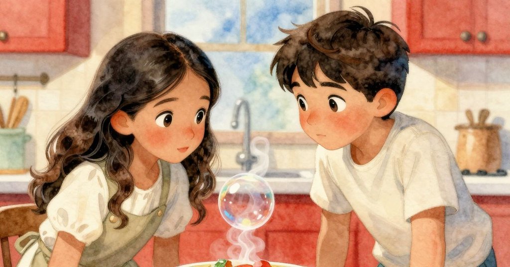 雅思敏與克魯茲靠近湯鍋，專注地看著一顆旋轉上升的氣泡，神情充滿好奇與驚奇，寧靜廚房背景。