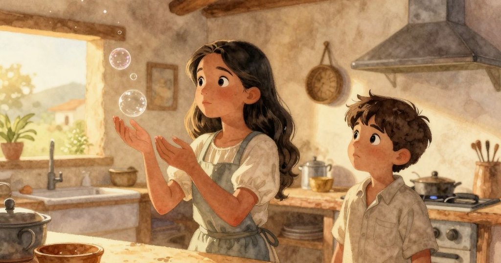 在金色夕陽下，雅思敏與克魯茲共同凝視最後一顆上升的氣泡，廚房溫暖而寧靜，兩人露出滿足與平靜的神情。