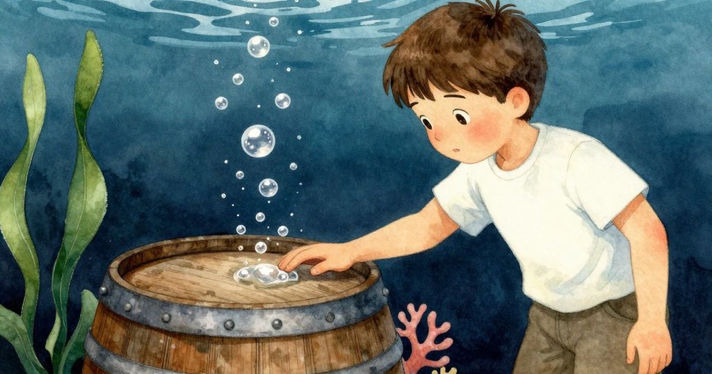 托賓輕推桶子,細緻泡沫像小魚般上升,特寫鏡頭捕捉動作與周圍微塵,充滿驚喜