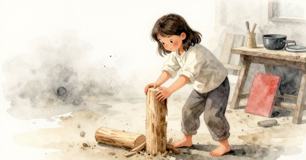 Seren在早晨霧氣瀰漫的工作坊中專注操作鋸木，柔和光線中透露著製作樂器的神秘氛圍。