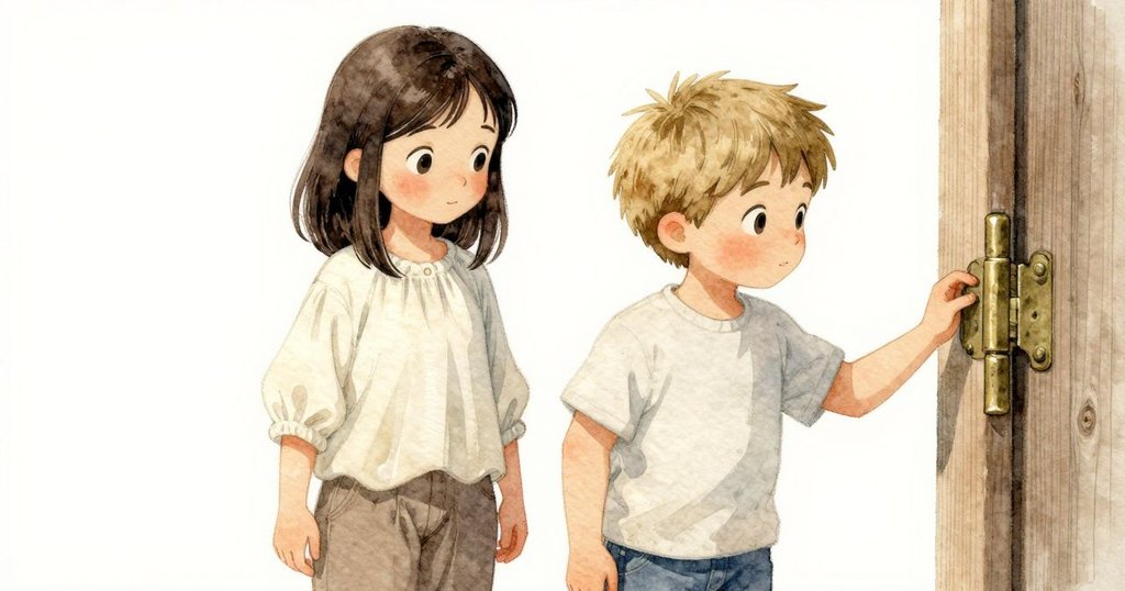 Seren輕觸帶有銹綠色斑點的銅合頁，特寫展示細緻質感，充滿好奇與探索的神情。