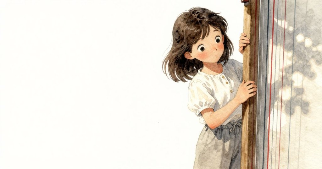 Seren躲在杉木柱後，透過縫隙注視著隨風顫動的鋼絲，光影斑駁中流露出好奇與專注。