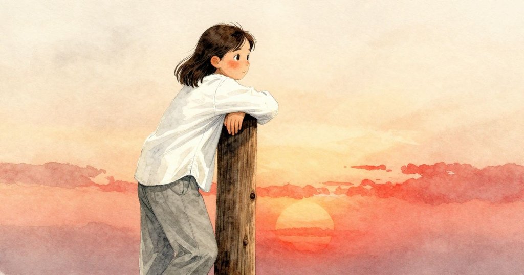 Seren於夕陽餘暉中輕觸顫動的杉木柱，寧靜中彷彿與樂器低語告別，傳遞一天終章的深邃情感。