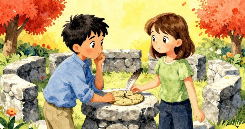 Vaughn與Sian在花園石圈旁熱烈交流,探討羽毛與影子的奧妙,彼此目光充滿驚喜與思索
