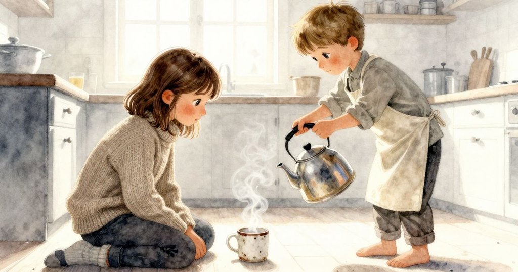 Zara站在廚房門邊觀看Wade舉起熱水壺,窗外冰霜初現,室內暖光與清晨氣息對比,畫面充滿期待與細膩感。