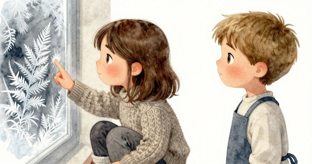 畫面特寫Zara手指輕觸窗戶上精緻冰霜,木紋細節清晰,展現寒冷與溫柔觸感,情感專注流露。