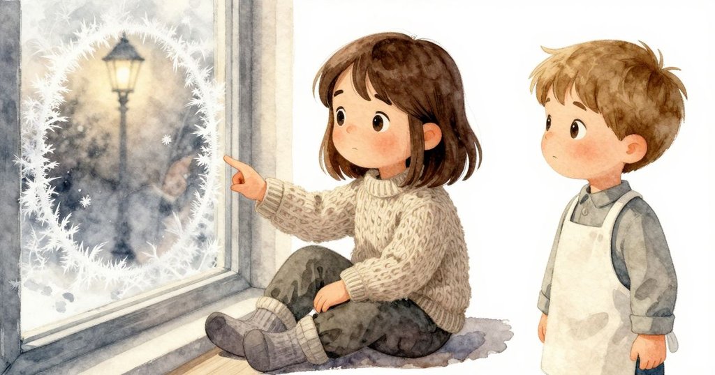 細膩畫面中,Zara手指停留窗上冰圈內倒映出模糊燈柱,冰霜與溫柔光芒交織,驚奇情感流露。