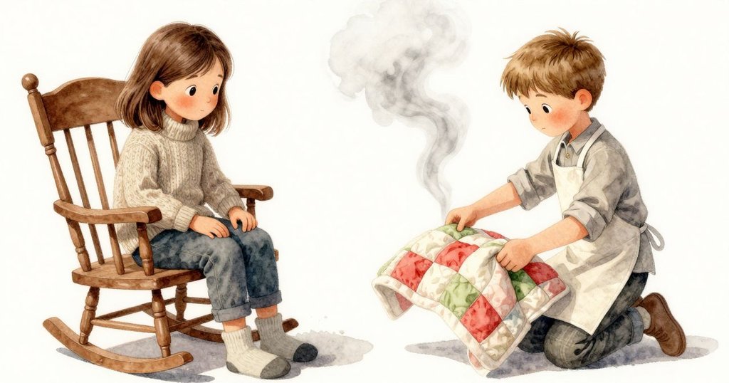 Zara在室內仔細折疊毛毯放在搖椅上,與Wade溫柔聲音形成對比,室內光影溫暖中透出窗外冷意。