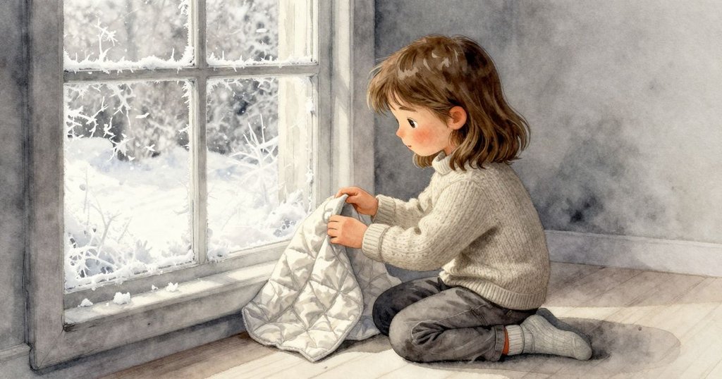 Zara凝視毛毯磨損邊緣與窗上新冰霜,眼神中透露憂思與自省,畫面情緒細膩深沉。
