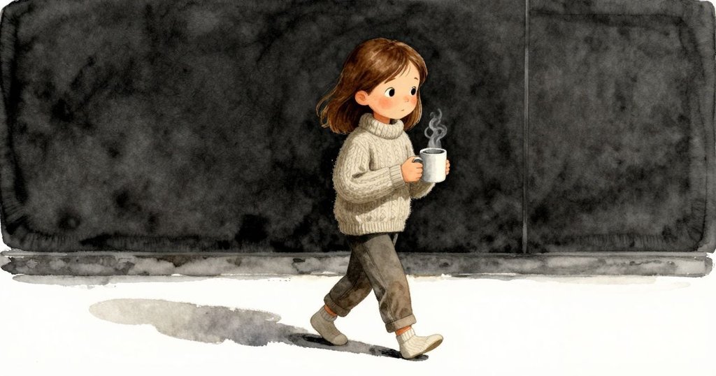 Zara捧著冒著蒸汽的杯子前行,遠離窗邊迎向新希望,臉上露出堅定微笑,象徵新開始與溫暖未來。