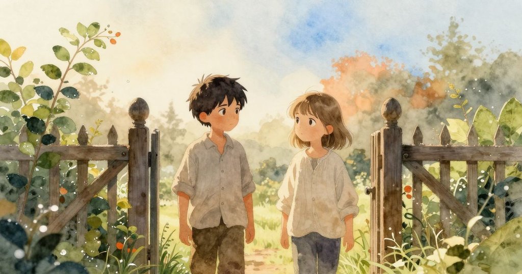 Forrest將竹耙擱於牆邊,Dorian於雪松門旁溫柔觀望,花園恢復平衡,晨露映出溫暖與完成感。
