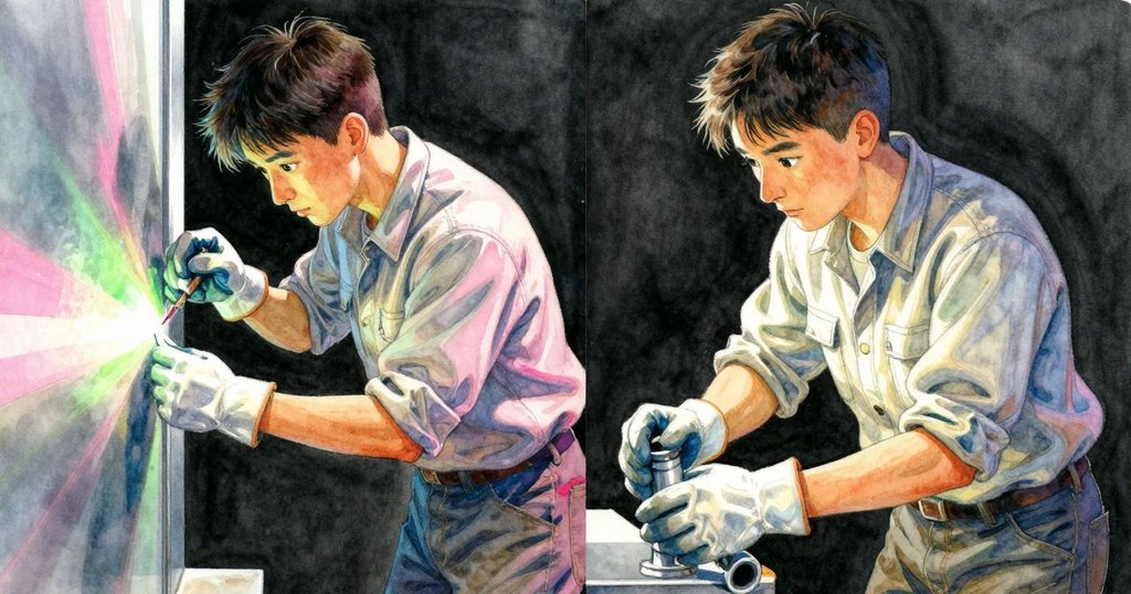 分割畫面左側顯示 Cedric 用手套輕觸刮痕,右側展現他拿起冷管準備操作,場景充滿工坊動感