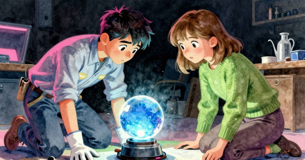 Wanda 膝上持筆記板,目光驚奇注視玻璃球綻放藍光,旁邊的 Cedric 精細作業,場面充滿神奇轉變