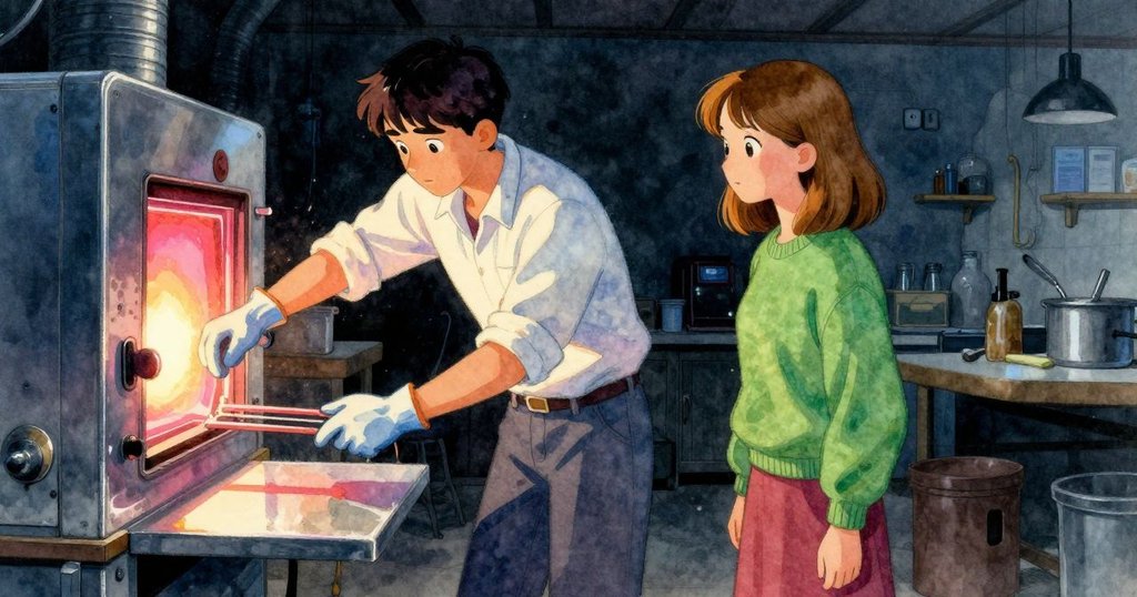 傍晚在工作室內,Cedric 與 Wanda 於退熱爐旁凝望完成作品,雙雙流露滿足與柔和交流的表情