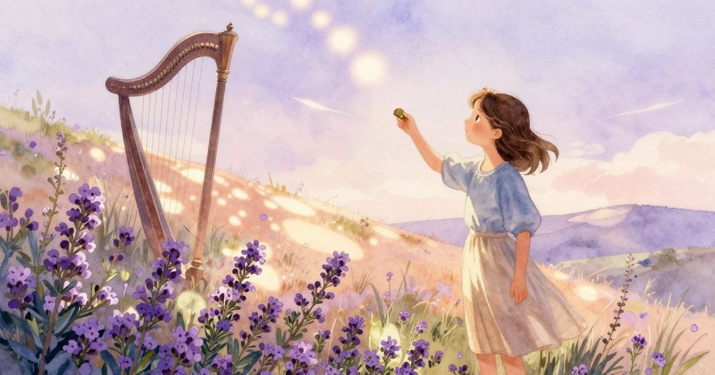 瑞雅在陽光普照的山坡上觸摸銅針，田野中百里香搖曳，背景隱約風琴展現探索啟程，神情專注。