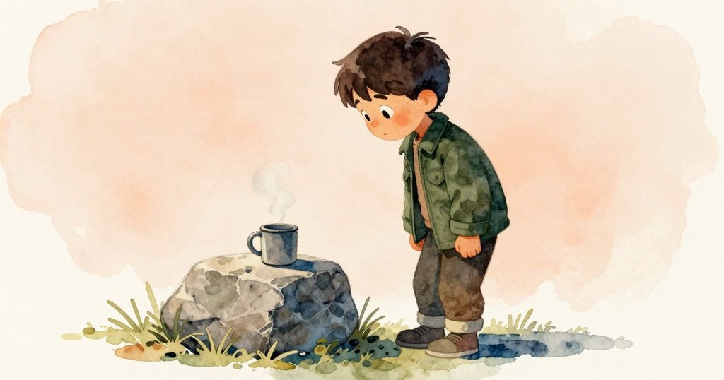 昆恩站在平坦石面上，手握冒著蒸氣的旅行杯，正注視瑞雅，神情充滿好奇與溫暖互動。