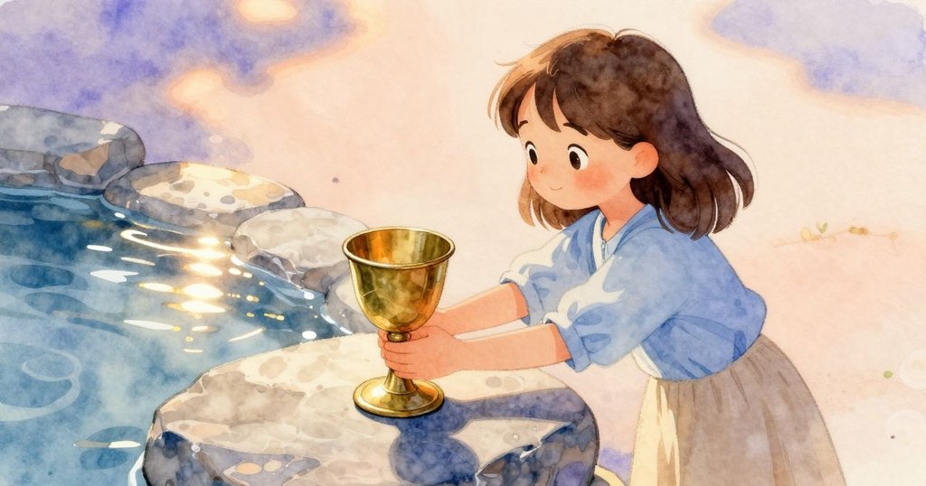 瑞雅輕放半滿水杯於石上，陽光映照水面波紋，神情專注且充滿回憶與希望。