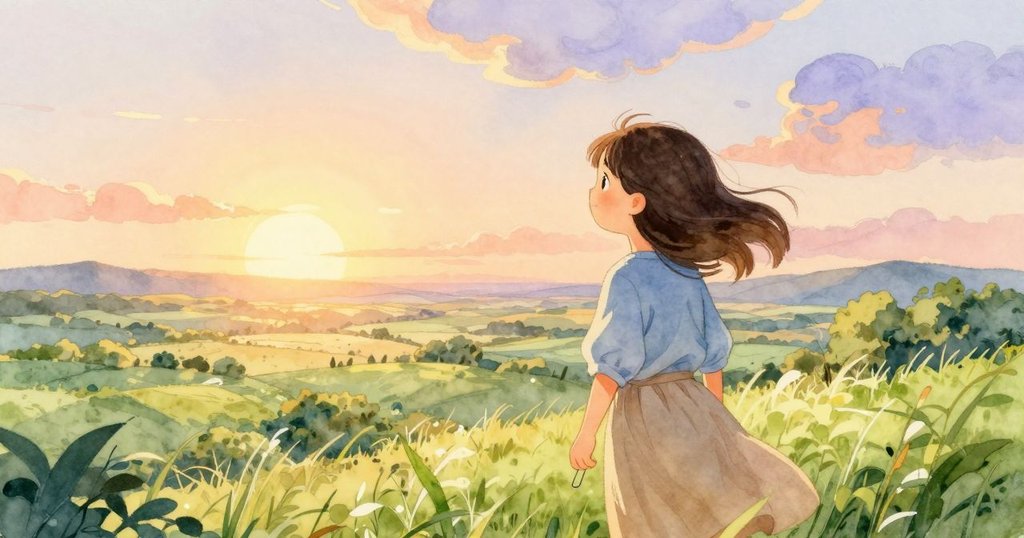 瑞雅面向遼闊山谷，手持空針迎風而立，象徵著新的開始，神情堅定與充滿希望。