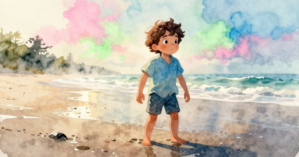 Zev站在晨霧繚繞的海岸上,堅定地踩在細沙上,注視著前方,背景有波光粼粼的海水與柔和日出。