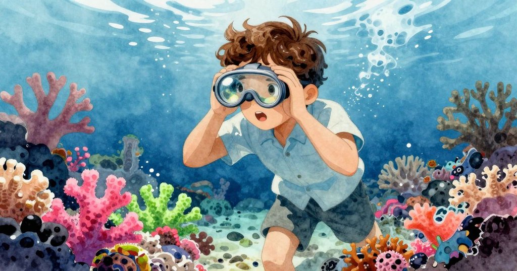 Zev透過玻璃底觀察器探索清澈海水中的珊瑚和銀魚,臉上流露出好奇與專注,海底世界生機勃勃。