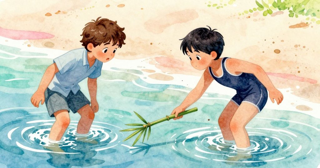 Kent涉水而入,從沙灘上拾起竹棍,悄然遞給正注視著水下世界的Zev,兩人間充滿默契與支持。