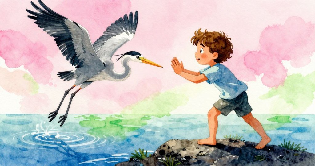 白鷺從珊瑚礁飛起,掀起細波,Zev隨著節奏輕敲水面,場景充滿自然動感與和諧韻律。