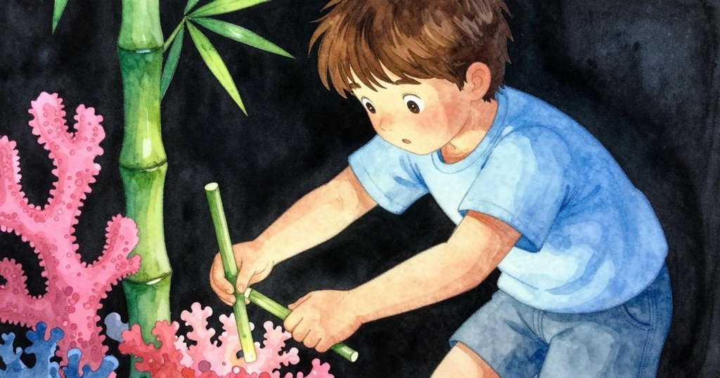 Zev專注調整竹棍的角度,細看新出現的水滲紋路,鏡頭特寫呈現竹棍與珊瑚背景的細節和靜謐氛圍。