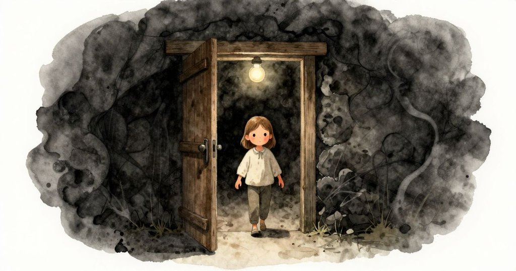 諾拉推開橡木門進入地下室，燈光微弱，表情堅定，營造出開篇神秘氛圍。