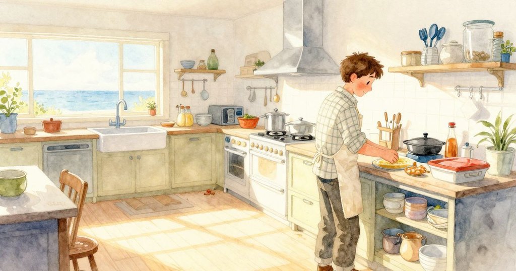 男子在溫暖的廚房裡忙著揉麵,眾多碗盤和器具散落在桌上,陽光透過窗戶照耀出充滿生氣的早晨廚房。