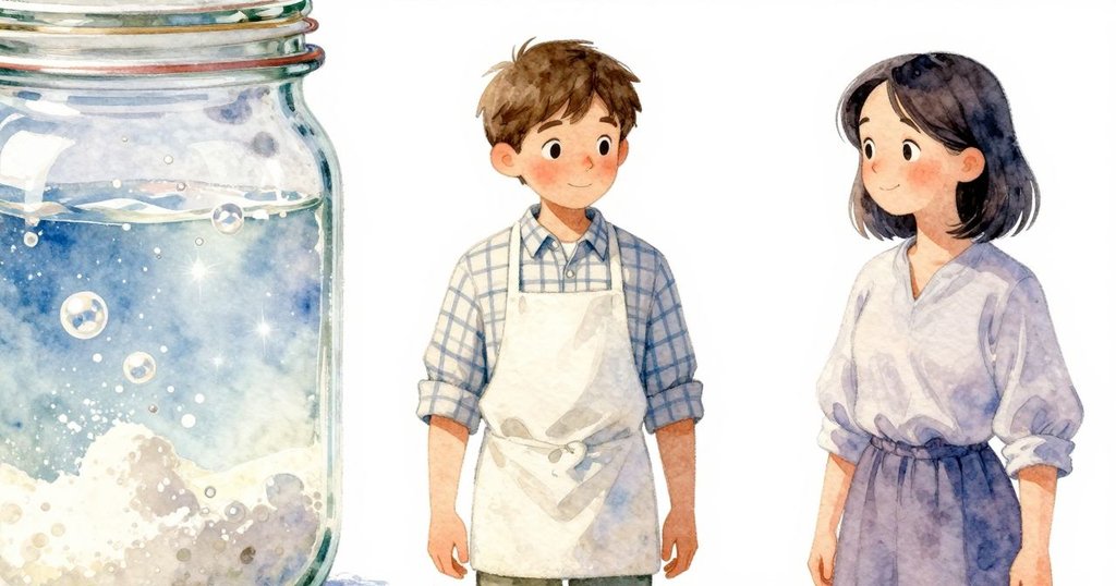 近距離觀察玻璃瓶內發酵的起司菌,氣泡在清晨光線中閃爍,粉末隨光線飄動,充滿神秘氣息。