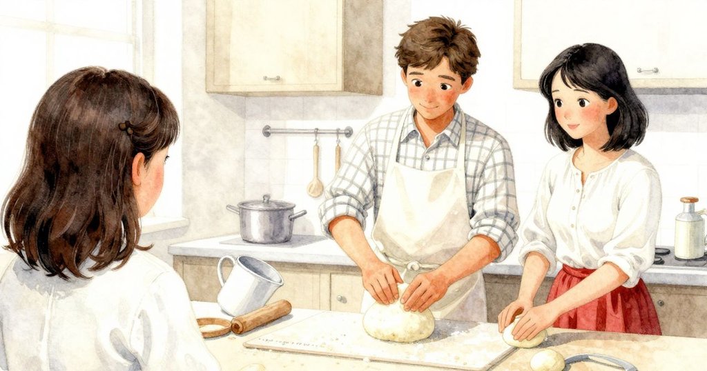 從男子背後看見他仔細摺疊麵糰,不慎碰到量杯,麵粉輕柔飛揚,充滿溫馨卻稍帶緊張的瞬間。