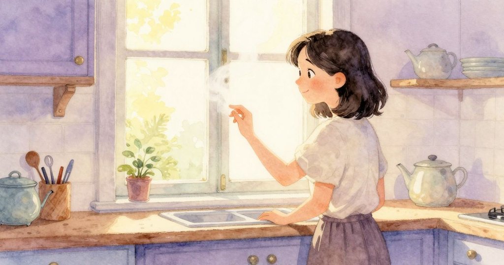 女子在廚房窗邊靜靜觸摸蒸氣,臉上流露出懷舊與平靜,柔和色調交織出溫馨回憶。